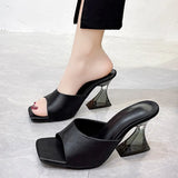 Breakj High Heel Slippers Female Summer Square Head Solid Color A Word Wear Fashion Versatile Ladies Large Size