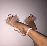 Pink Black Suede Fur Women Sandals Girls Stiletto Heels Fluffy Wedding Pumps Buckle Strap Shoes Dropship Pom Pom