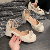 Breakj New Shallow Mouth Thick With Rhinestone Pearl Sandals Women A Word With Round Head Korean Version Single Shoes Mary Jane Women's