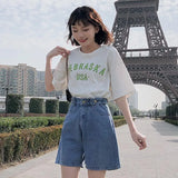 New Summer Women High Waist Button Wigh Leg Jeans Shorts Casual Female Loose Fit Blue Denim