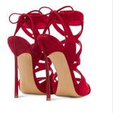 Price Red Suede Sandals Women 2018 Cross Straps Cut-ous Lace-up Gladiator Sandals Shoes Metal Heels Summer Dress