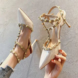 Sandals Women's Summer 2023 New Sexy Black Shoes With Stilettos Riveted High Heels Women's Nude Single
