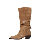 On Med Calf Boots Woman Simple Pleated Shoes Cow Suede INS Hot Botas Korea Cross-Tied Spring Autumn Woman Boots Pointed