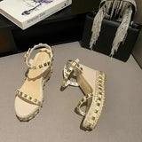 Sandals Woman Leather Suit Female Beige High Heels Shoes Muffins shoe Clogs Wedge Open Toe Low-heeled Studded Black