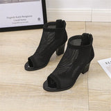 Women Boots Mesh Suede Ankle Boots Lace 2019 Summer Boots Zapatos Chaussures Femme Zipper Square High Heel Leopard Women