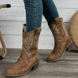 Breakj Women's Embroidery Sleeves Vintage Boots Vintage Mid-Cute Head Western Cowboy Boots For Fall/Winter