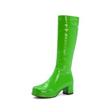 Autumn Winter Patent Leather Boots Fashion Long Shoes Round Toe Platform Thick Heel Ladies Party Wear Green Yellow Lavender
