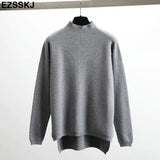 Style Loose Sweater Women Pullover Casual Half Turtleneck Long Sleeve Oversized Knit Sweater Female Jumpers Split
