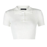 Ribbed Casual Tshirts Cotton Women Summer Short Sleeve Crop T Shirt Ladies Turn-down Collar Solid White Tee