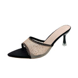 Breakj Temperament Cool Slippers Women's Summer Wear A New Fine Heel Mesh Hot Diamond Pointy Fish Mouth Exposed High