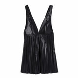 PU Leather Deep V Neck Pressed Pleat Splicing Mini Dress Female Sleeveless Clothes Casual Lady Loose Vestido
