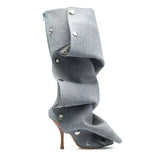 Breakj New High Heel Pointed Metal Rivet Jeans Splicing Two Wear Pile And Knee Boots Large Size Women's