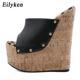 Rivet Peep Toe Platform Wedge Slippers Black Summer Shoes Woman Sexy Super High Sandal Slippers Black 35-42