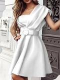 Summer Sexy Tubeless Off Shoulder Dress Women Elegant Solid High Waist Mini Skirt Party Show Fashion Belt A-Line Skirt