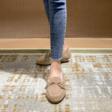 Winter Shearling Wool Shoes Woman Lambs Fur Flats Genuine Leather Mocasines Mujer Bowtie Loafers Warm Plush Boots