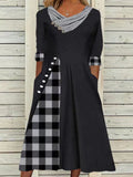 Fashion Plaid Print Stitching Boho Elegant Casual Women Dresses V Neck Buttoned Office Long Dress Half Sleeve Pocket Maxi