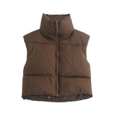Women Fashion Brown Cropped Vest Coat Female Stand Collar Zipper Waistcoat Ladies Casual