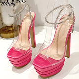 Fashion PVC Transparent Crystal Ankle Strap Women's Shoes Pumps Sexy Pole Dance 16CM Sandals Open Toe Platform High