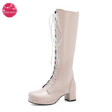Women Knee High Boots Winter Platform Shoes Sweet Lace Up Purple Pink White Black Lolita Japanese Mori Girls BootsLarge Size