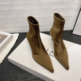 Boots Korean Version Of Pointy Short Boots Women's 2023 Autumn / Winter Socks New Low-Heeled Soft Leather Skinny Boots And Bare