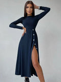 Knitwear Midi Dress For Women Sexy Button O Neck Elegant Long Sleeve Bodycon High Split Chic Fall Paty Maxi Robe