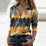 Slim Fashion Women Autumn Geometric Print V Neck T-shirts Casual Long Sleeves Zipper Pullover Elegant Streetwear Female