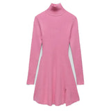 Women Fashion Chic Pink Side Split Slim Knitted Mini Dress Female Elegant Turtleneck Long Sleeve Dresses