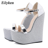 2022 New Summer Silver Women's High Heels Sandals Platform Buckle Wedges Front Open Toe Ladies Shoes size