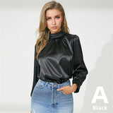 2022 Fashion Women's Satin Blouses Celmia Elegant High Collar Tunic Tops Luxury Solid Silky Shirts Lantern Sleeve Blusas