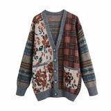 Chic Floral Plaid Patchwork Cardigans Women Fashion Pockets Buttons V-Neck Sweaters Female Casual