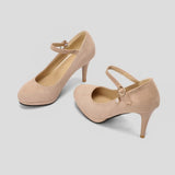 Women Super High Heel Suede Leather Dress Shoes Casual Platform Vintage Mary Janes Pumps Strap Buckle Thin Heels Large Plus