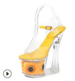 Women Model Shoes Thick Super High heels 17cm Sunflower Waterproof Fishmouth Sandals Transparent Crystal Shoes Wedding