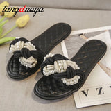 Striped Ribbon Cork Sandals Flat Non-Slip Flip Flop Home Shoes Casual Straw Beach Slipper Slipper Pearl Weaving