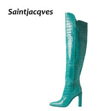 Leather Knee High Boots Women Sexy Chunky High Heels Long Boots Female Winter Party Shoes Cowboy Knight