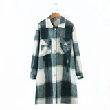 Women Khaki Plaid Long Woolen Jacket Female Fashion Turn-down Collar Coat Girls Chic