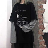 Harajuku Fake Two Piece T-Shirt women Hip Hop Streetwear Long Sleeve Printed Oversized Mens Tees Casual Loose