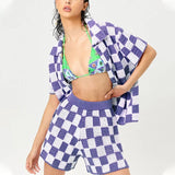 Casual Knit Lounge Wear Women Tracksuit Summer Shorts Set Green Plaid Shirt Tops And Mini Loose Shorts Two Piece