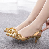 Breakj Cm Large-Size Fine-Heeled Pointed Sandals Behind The Cool Belt High Heels Water Drill High Heels Women's Golden Wedding