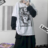T-shirt Autumn Korean Style Harajuku Bf Style Dark Girl Printing Loose Fake Two-piece Female Student Top