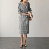 Vintage Check Dress Women's Summer Sundress ZANZEA 2022 Casual V Neck Robe Female Short Sleeve Mid-Calf