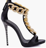 T-Strap Chain High Heel Sandals Gold Metal Studded Gladiator Heels Sandals Women Peep Toe Cut-out Shoes Black Plus Size