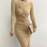 Women Drawstring Ruched Long Sleeve Dress Bodycon Autumn O Neck 2021 Vintage Streetwear Party Elegant Female