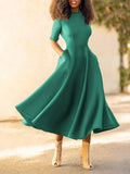 Summer Spring Vintage Elegant O Neck Long Dress Women Solid Green Party Dress Ladies Beautiful Fashion Short Sleeve Beach