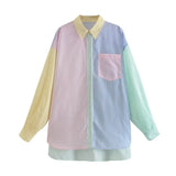 Women Contrast Color Splicing Striped Shirt Female Long Sleeve Blouse Casual Lady Loose Tops Blusas