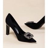 Temperament Professional Black Super High Heels Female 2024 New Pointed Rhinestone Advanced Sense Commuter Work Thick