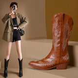 Women Pleated High Heels Western Cowboy Boots Autumn Winter Pointed Toe Pu Leather Long Boot Woman Black Knight Botas