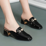 Women Baotou Half Slippers Fashion Metal Chain Square Toe Thick Middle Heel British Style Office Casual Shoes Spring Summer
