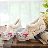 Flat Shoes Warm Winter Embroidered Chinese Ethnic Style Plus Velvet Female Cotton Shoes Pointed Toe 2021 Ladies