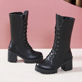 New Buckle Winter Motorcycle Boots Women British Style mid-calf Boots Gothic Punk square Heel solid Boot Women