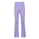 Skinny Elastic Flare Pants Women Casual High Waist Long Trousers Laides Purple Ribbed Sweatpants Summer